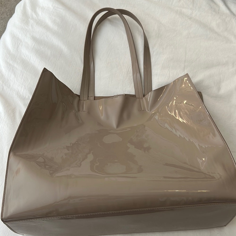 H&M tan computer tote bag, suede interior